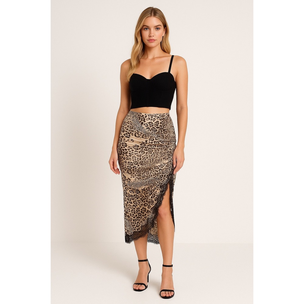 Micas Leopard Drawstring Slit Skirt midi size S